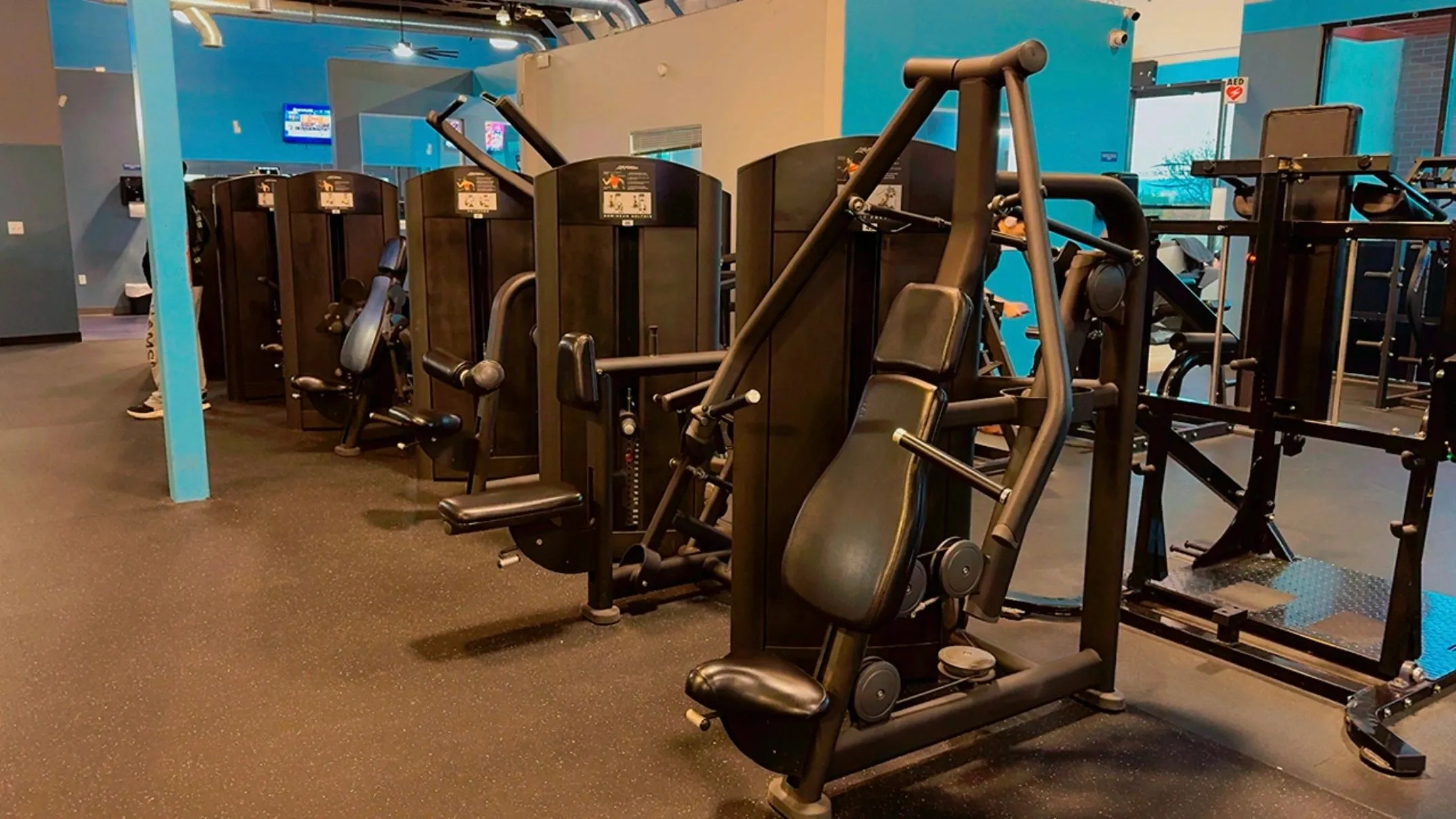 Row of selectorized chest and shoulder machines at Elite Fitness Dixon